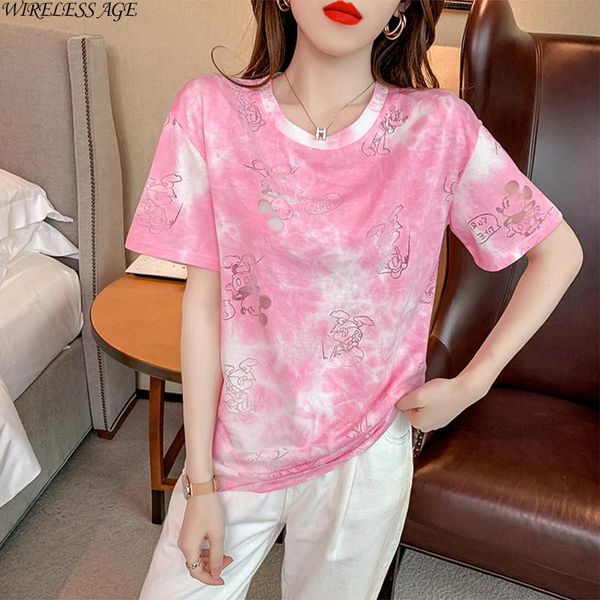 

women's t-shirt wireless age t shirt women personality hollow out round neck tricolor short sleeved loose summer fashion wild, White