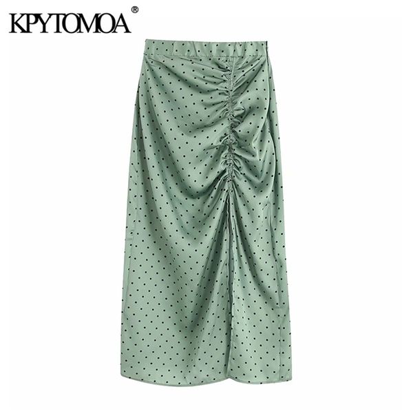 

vintage elegant polka dot pleated midi skirt women fashion elastic waist side zipper slit female skirts chic faldas mujer 210310, Black