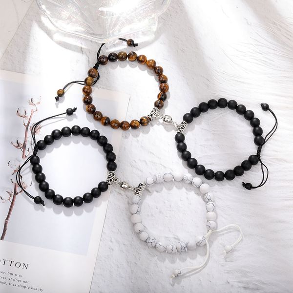 

2pcs/set couples friendship jewelry heart distance magnet strands bracelets natural agate stone yoga beads bracelet bangles for women mens l, Black