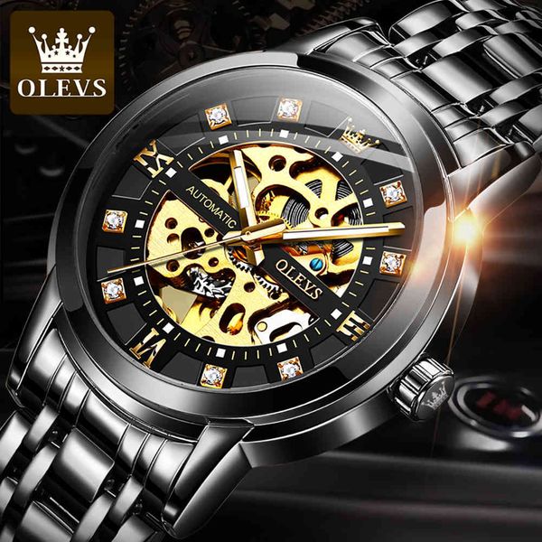 

olevs 2021 brand men watches automatic mechanical luxury hollow luminaires sport retro reloj hombre, Slivery;brown