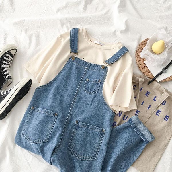 

women's jeans woman pants 2021 summer denim suspender loose high waist cropped pantalones vaqueros mujer, Blue