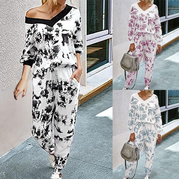 

women's two piece pants off-the-shoulder pockets v-neck tie-dye long-sleeved pajama set and with pajamas trousers women suits & sets, White