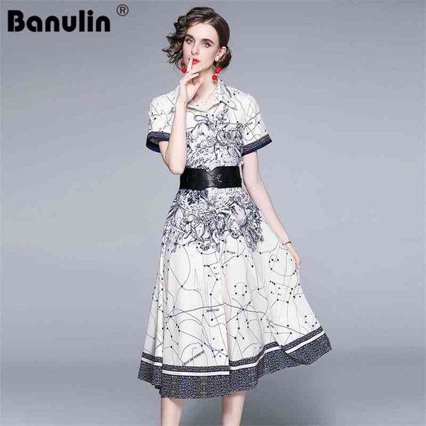 

banulin summer runway high street holiday mori dress women short sleeve vintage blue print midi pleated belt party vestidos 210603, Black;gray