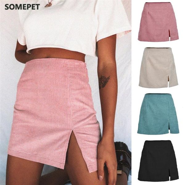 

skirts autumn winter 2021 ins net red high waist women's clothes corduroy half-length skirt pure color vent a short girl, Black