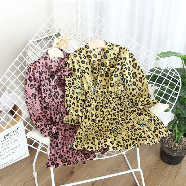 Mädchenkleid Frühlingskleid neue Kinder koreanische Chiffon Prinzessin Dame Leopard Langarmkleid