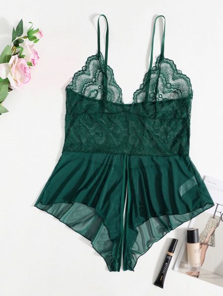 

plus contrast lace mesh crotchless romper bodysuit k2fu#, Black;white