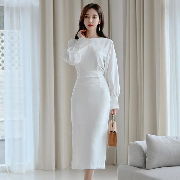 

casual dresses slim waist midi female elegant o-neck split solid women ol style puff sleeve hip package vestidos, Black;gray