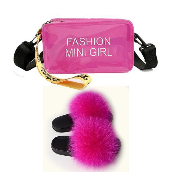 

fur house slides shoes and matching handbag set purses real ladies trendy slippers women sandals, Black