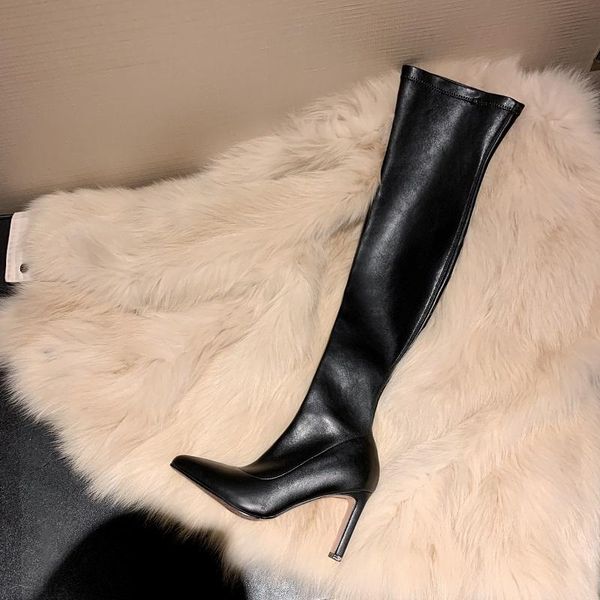 

boots stretch fabric woman over the knee classic style women's super star same design ladies shoes on heel botas femininas, Black