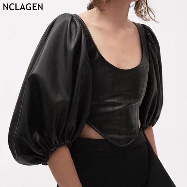 

women's blouses & shirts nclagen 2021 spring cool ladies patchwork pu faux leather blouse puff sleeve irregular cropped women elegant, White
