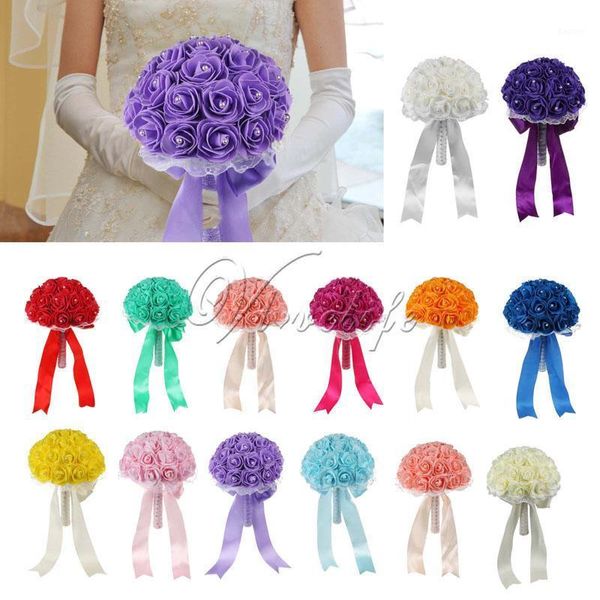 Flores decorativas grinaldas espuma artificial rosa buquê de noiva com rhinestone pérolas cetim fitas curva favores favores favores