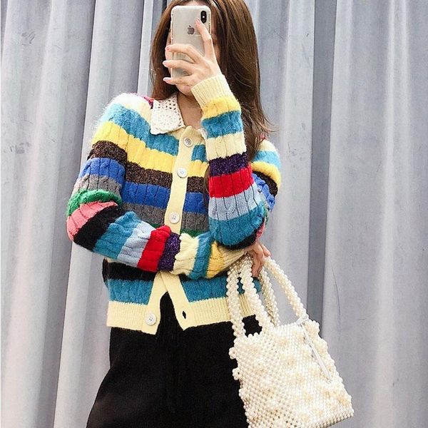 

women's knits & tees 2021 sweaters cardigans women fashion high street rainbow striped single breasted knitted outwear winter clothes l, White