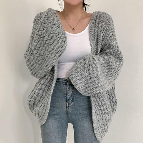 

women's knits & tees women short knitwear sweaters 2021 autumn korean v-neck loose casual solid color lantern sleeve knitted cardigan c, White