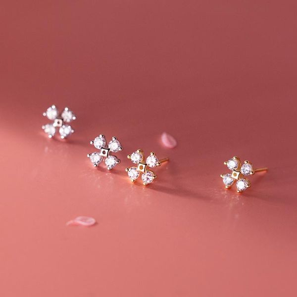 

stud clear zircon mini small four petal flower earrings for fashion women real 925 sterling silver teen cz jewelry gift, Golden;silver