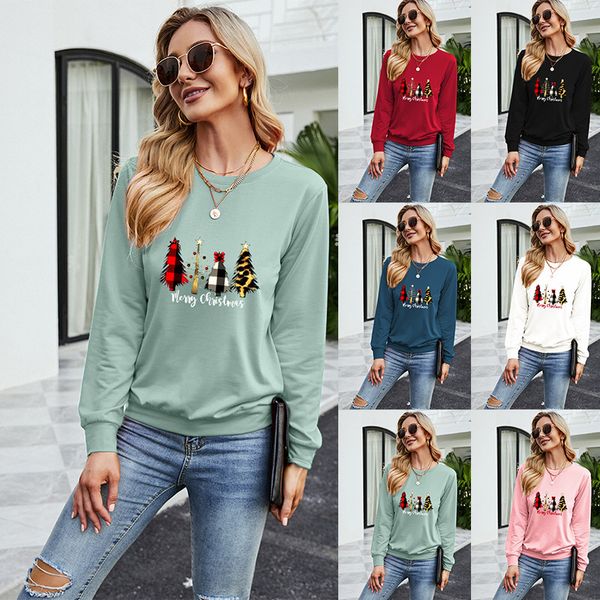 

autumn women's christmas tree simple printing round neck casual loose long sleeve thickened sweater, Black