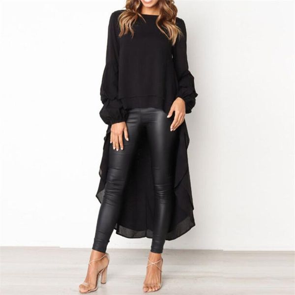 

fashion womens baggy asymmetric long blouse ladies puff sleeve solid color chiffon shirts 2021 fall spring plus size shirt, White