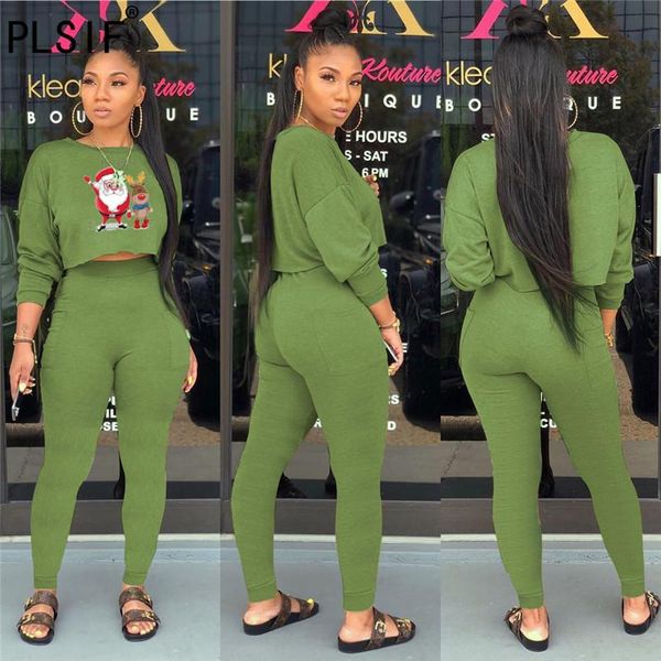 

women's two piece pants women santa claus print suite street fashion long sleeve round neck with feet in autumn and winter, White