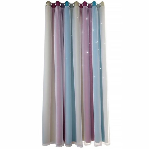 

curtain & drapes double layer shining star gradual change color shading heat insulation mesh for living room bedroom (blue one-si
