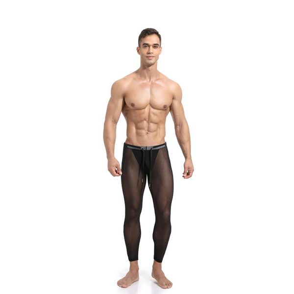 

2021 men breathable beachwear pure color see-through mesh skin tights gym training leggings patchwork swimwear male trousers