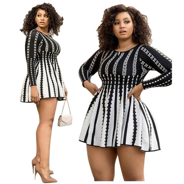 

casual dresses 2021 est women striped dress long sleeves round neck pleated slimming waist night club lady' mini party, Black;gray
