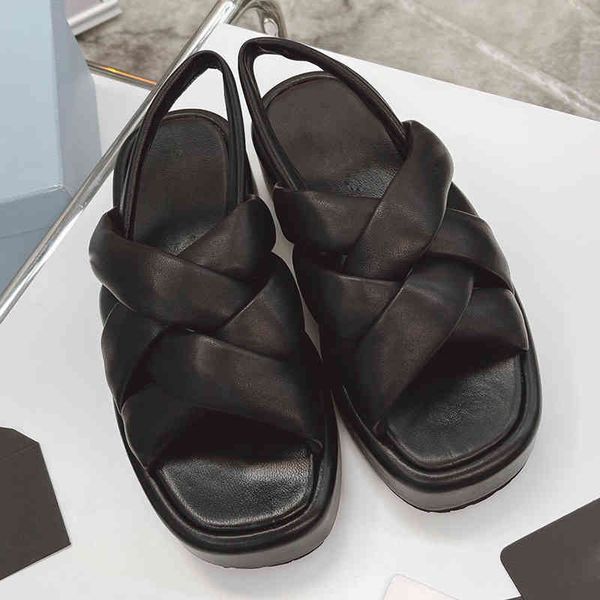 

80% off store online summer new cross weave bread flat sandal female real leather comfortable open toe muffine shoes concise platform women&, Black