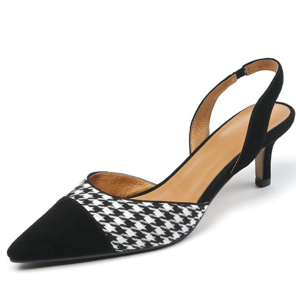

sandals women's natural suede leather houndstooth fabric patchwork slip-on high heel summer elegant ladies evening dress shoes, Black