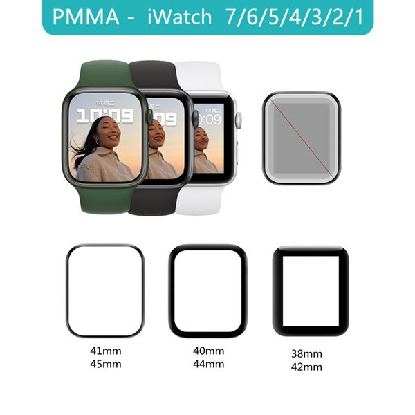 PMMA 3D Capa Completa Filme Protetor Ultra Slim Ajuste para Apple Watch 7 Série 41 45mm Protetor de tela IWatch 6/5/4/3/2/1 / SE NÃO VIDRO