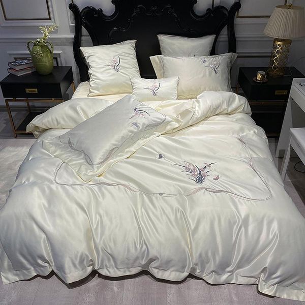 

bedding sets luxury white gray purple satin silk cotton orchid flowers embroidery set duvet cover bed linen lace bedskirt pillowcases