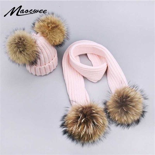 

girl pompon and scarves sets winter knitted warm nature fur pom hat scarf thick beanies hats caps kids baby solid bones y201024, Blue;gray