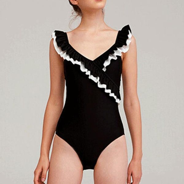 

patchwork swimwear for women 2021 ruffles sweet korean swimsuit high waist one-piece suits beachwear