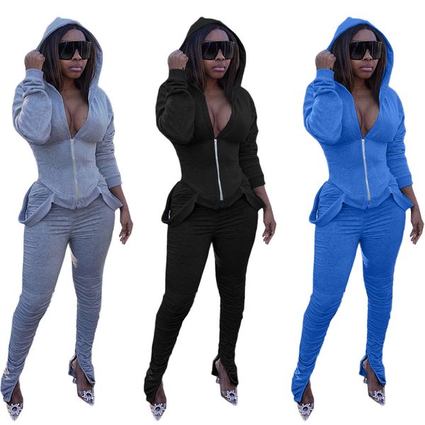 

2021 new solid color slim drop-shoulder long sleeve zipper hoodie & folding slit trousers women fashion suit autumn 2 piece set 23ii, Gray