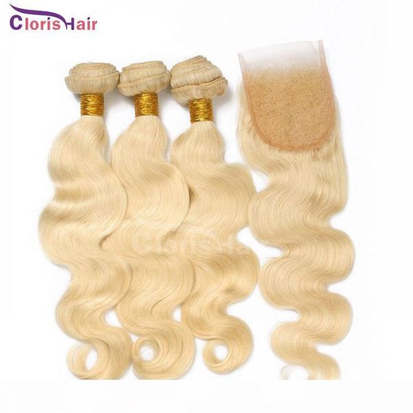 

613 blonde bundles with closure malaysian virgin body wave lace closure with 3 bundles human hair honey blonde wavy weaves closure 4pcs, Black;brown