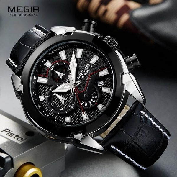 

wristwatches megir men's fashion black leather sports multifunction watch chronograph calendar quartz luminous pointer 2065g, Slivery;brown