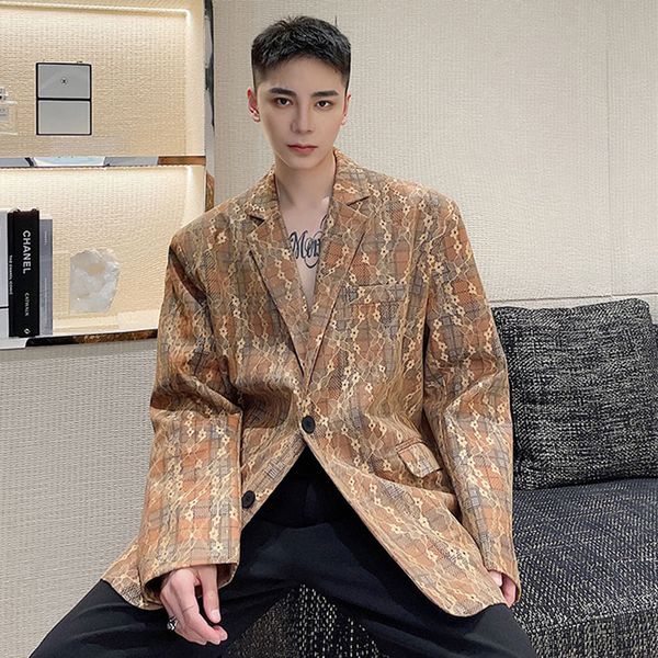 

Suit jacket autumn personality men's thick lace jacquard composite tweed retro check suit jacket trend loose men's jacket 0532, White;black