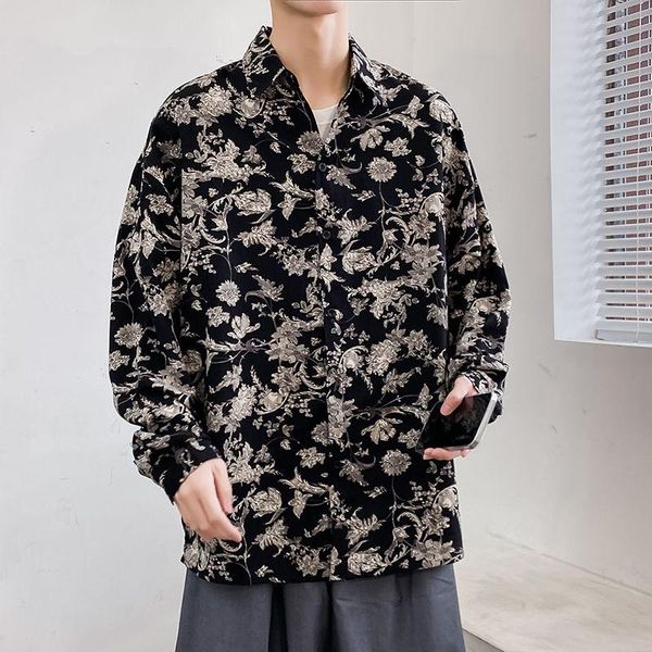 

men's casual shirts spring autumn flower shirt men fashion retro printed streetwear korean loose long sleeve mens dress, White;black