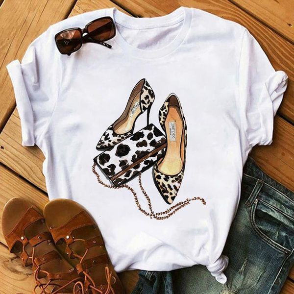 

leopard high heels print mens and women womens short sleeve o neck loose tee female clothes camisetas mujer, White;black