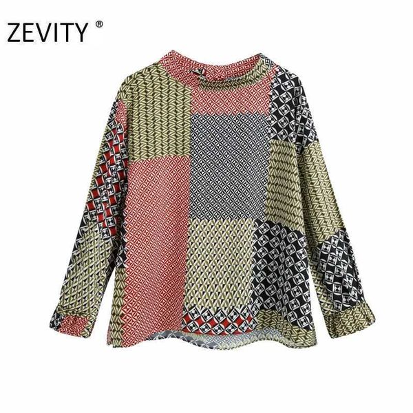 Zevidade Mulheres Vintage Cor Correspondência De Pano Patchwork Imprimir Casual Smock Blusa Camisa Mulheres Retro Blusas Business Tops LS7193 210603