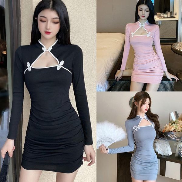 

women's contrast color hollow out long sleeve cheongsam 2021, Black;gray