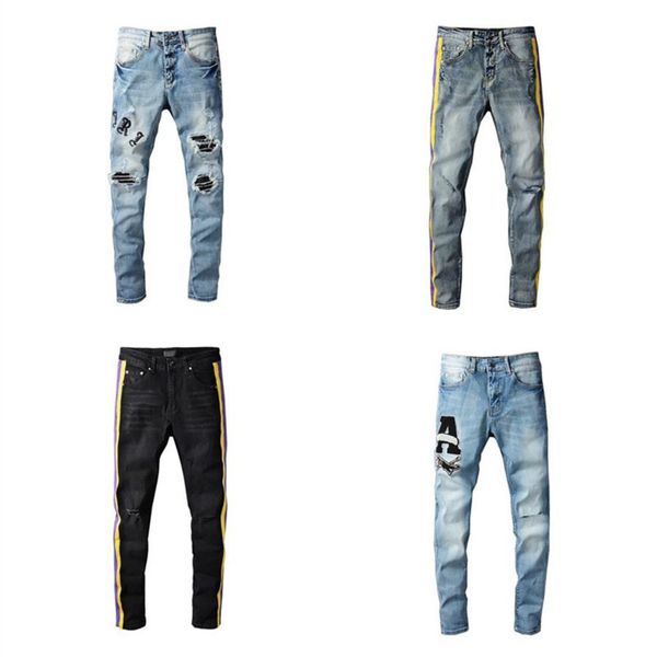 

brand pants and jeans shorts men's classic hip hop stylist distressed ripped biker jean trousers slim fit motorcycle den, Blue