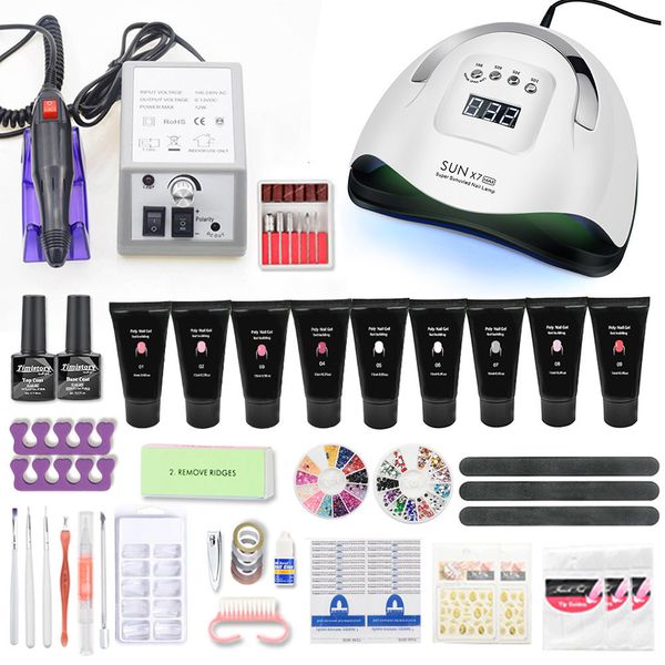 

9pcs set crystal clear fast building gel with lamp drill machine acrylic nail art form tip new