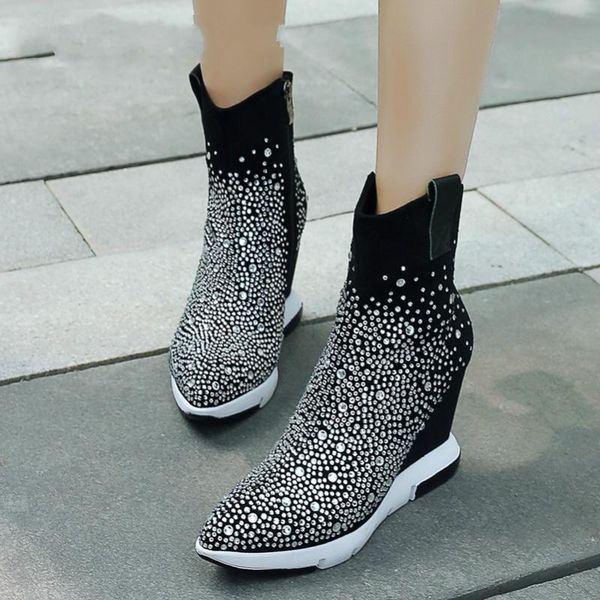 

boots genuine leather women kid suede wedge high heel short rhinestone pointed toe shoes female autumn size 34-39, Black