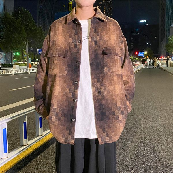 

2021 new autumn men's fashion retro casual plaid shirt men streetwear long-sleeved shirts mens woolen jacket xs7e, White;black