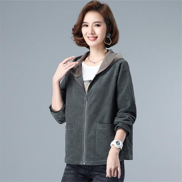 

women's suits & blazers corduroy short coat women hooded 2021 spring autumn korean plus size long sleeve zipper jacket female loose out, White;black