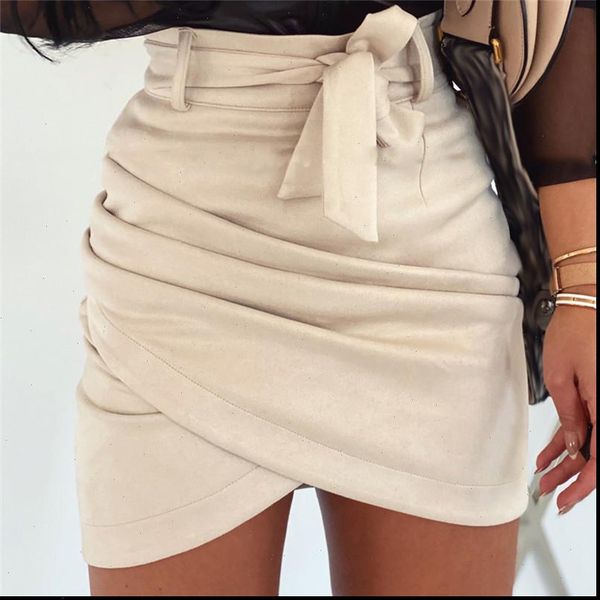 

women bodycon mini skirts fashion ol summer spring suede leather high waist bandage belted cross pencil skirt clothes, Black