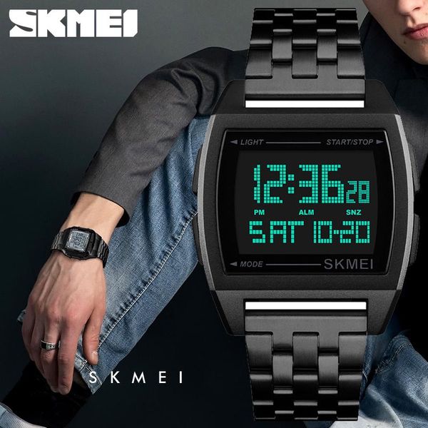 

wristwatches skmei brand stainless steel digital watches men fashion sports luxury gold square watch band deportivos relojes, Slivery;brown