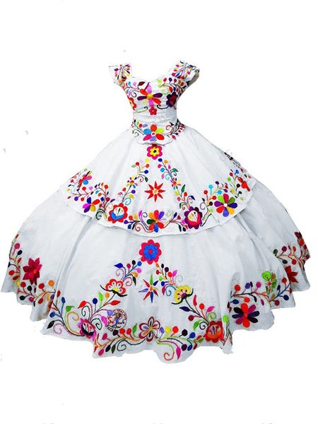 2022 Vintage gestickt Quinceanera Kleider Mexikanisches Ballkleid Zwei Schichten Cap Sleeve süße 16 Kleider Korsett Rücken Festzugskleider
