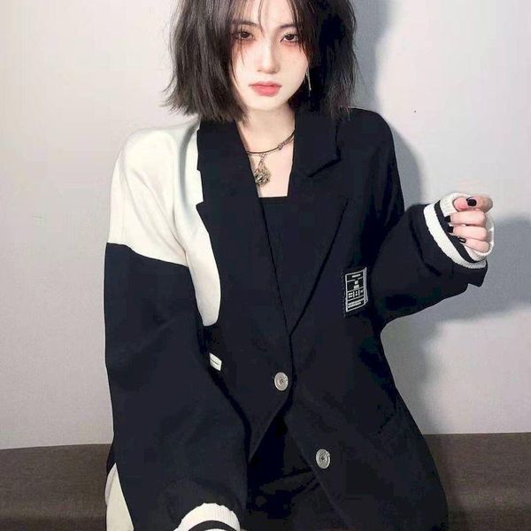 

women's suits & blazers oversized suit jacket women autumn harajuku korean casual coat high street wear contrasting color baseball unif, White;black