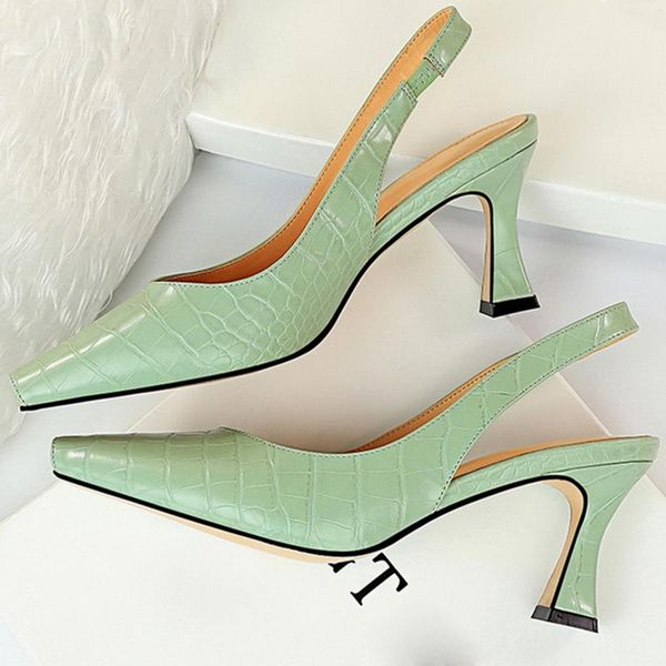 

2021 women summer 8cm high heels sandles square toe slingback shoes green yellow leather korean high heels designer prom sandals, Black