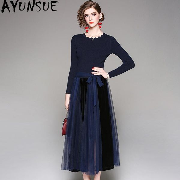 

casual dresses spring autumn knitted dress women clothes 2021 vintage velvet maxi elegant ladies mesh blue vestidos my2417, Black;gray