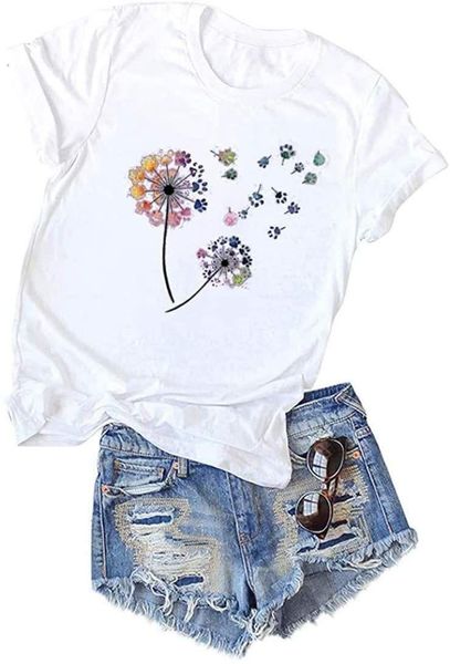 

women's t-shirt lifewheel funny novelty graphic t shirts for women short sleeve colorful dandelion pattern print crewneck tee s summer, White